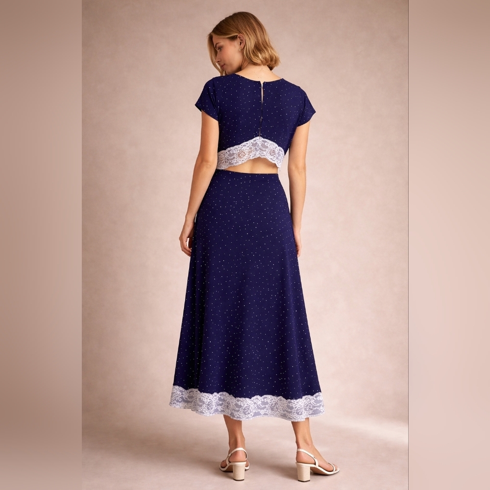 Navy Blue Polkadot Set with White Lace Trim